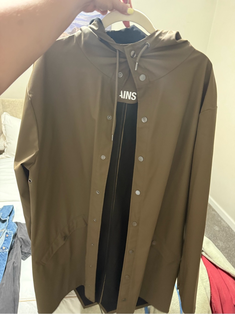 Rains Olive Hooded Raincoat with Snap Front